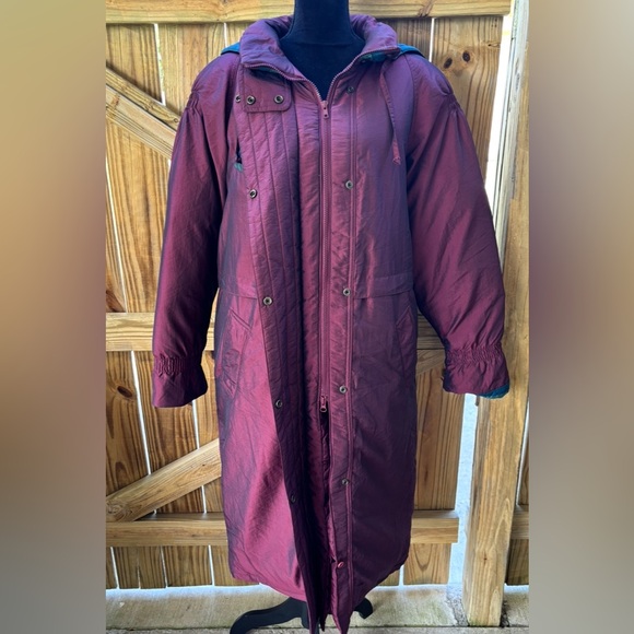 Vintage John Weitz Down Puffer Cocoon Coat with Hood Purple Teal & Blue Size MP - Picture 3 of 16